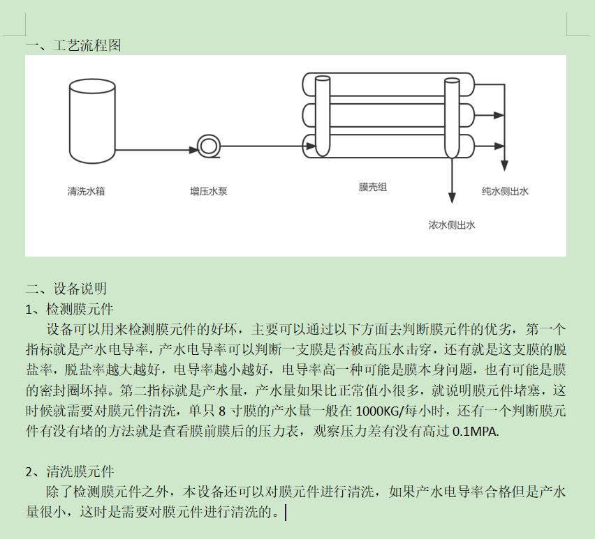 鼎湖ro洗膜机工艺流程图及工艺说明